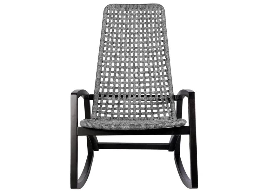 Sequoia Outdoor Patio Rocking Chair in Dark Eucalyptus Wood and Gray Rope