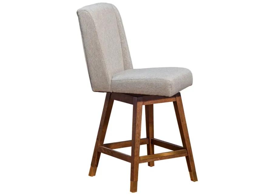 Stancoste Swivel Counter Stool in Brown Oak Wood Finish with Taupe Fabric