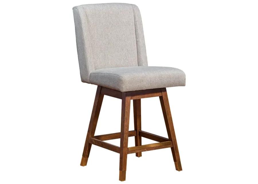 Stancoste Swivel Counter Stool in Brown Oak Wood Finish with Taupe Fabric