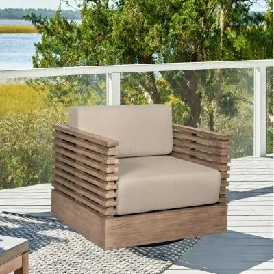 Vivid Swivel Outdoor Patio Chair in Light Eucalyptus Wood with Taupe Olefin Cushions