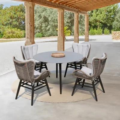 Sydney and Fanny 5 Piece Outdoor Patio Dining Set in Dark Eucalyptus Wood with Truffle Rope and Gray Cushions