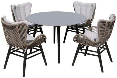 Sydney and Fanny 5 Piece Outdoor Patio Dining Set in Dark Eucalyptus Wood with Truffle Rope and Gray Cushions