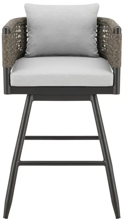 Alegria Outdoor Patio Swivel Counter Stool in Aluminum with Gray Rope and Light Gray Cushions