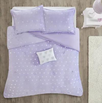 Mi Zone Rosalie Purple/Silver Metallic Printed Plush Comforter Set