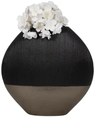 14" Color Block Round Vase, Black/brass Antique