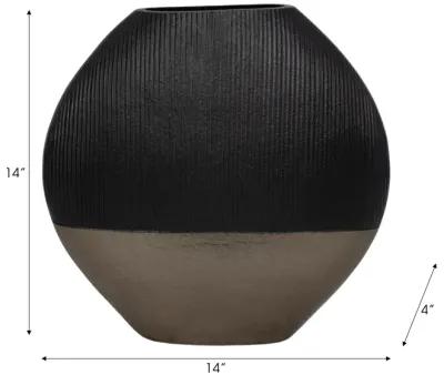 14" Color Block Round Vase, Black/brass Antique