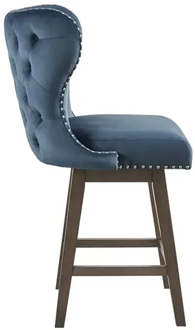 Madison Park Hancock Dark Blue High Wingback Button Tufted Upholstered 27" Swivel Counter Stool with Nailhead Accent