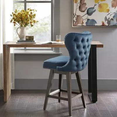 Madison Park Hancock Dark Blue High Wingback Button Tufted Upholstered 27" Swivel Counter Stool with Nailhead Accent