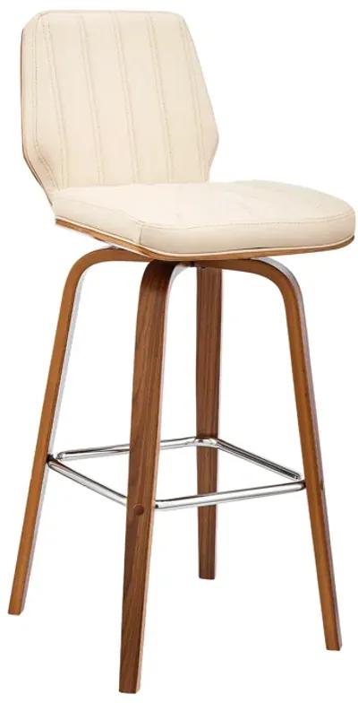 Renee 26" Swivel Cream Faux Leather and Walnut Wood Bar Stool