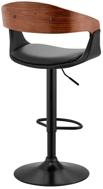 Benson Adjustable Black Faux Leather and Walnut Wood Bar Stool with Black Base