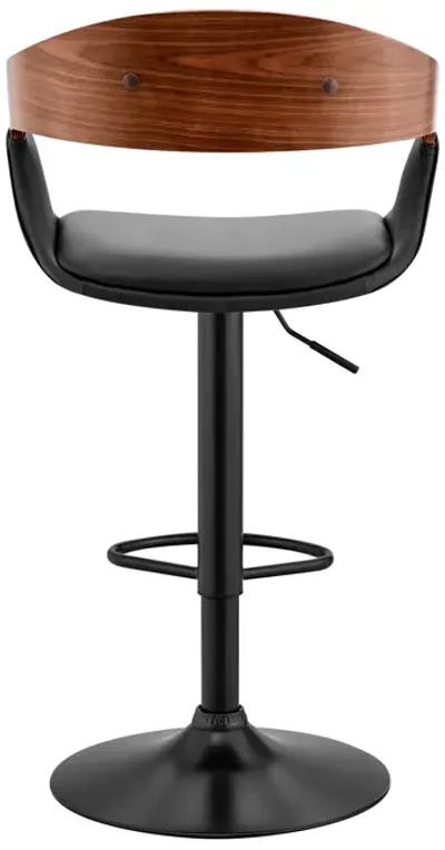 Benson Adjustable Black Faux Leather and Walnut Wood Bar Stool with Black Base