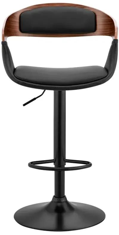 Benson Adjustable Black Faux Leather and Walnut Wood Bar Stool with Black Base