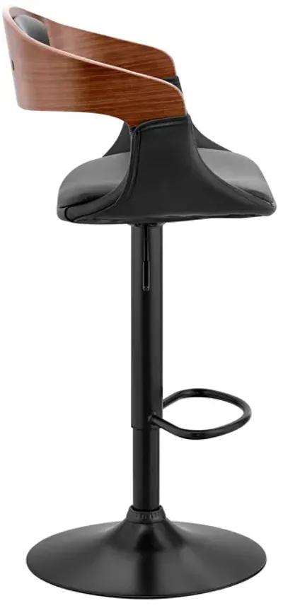 Benson Adjustable Black Faux Leather and Walnut Wood Bar Stool with Black Base