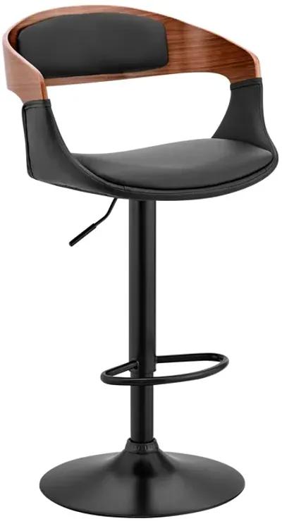 Benson Adjustable Black Faux Leather and Walnut Wood Bar Stool with Black Base