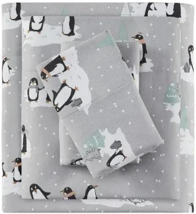 True North by Sleep Philosophy Cozy Flannel Grey Penguins Printed Sheet Set