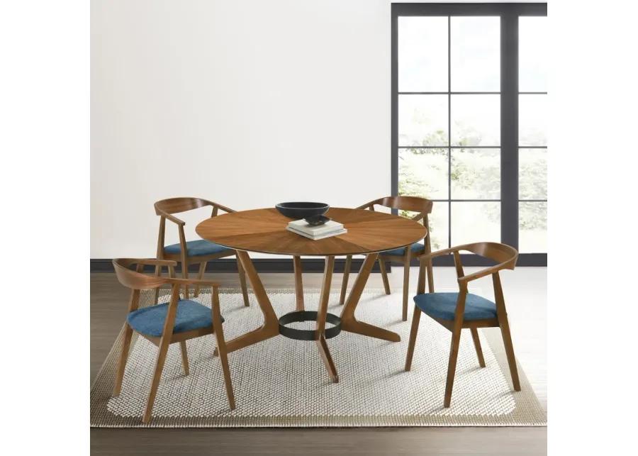 Santana 5 Piece Round Walnut Wood Dining Table Set with Blue Fabric