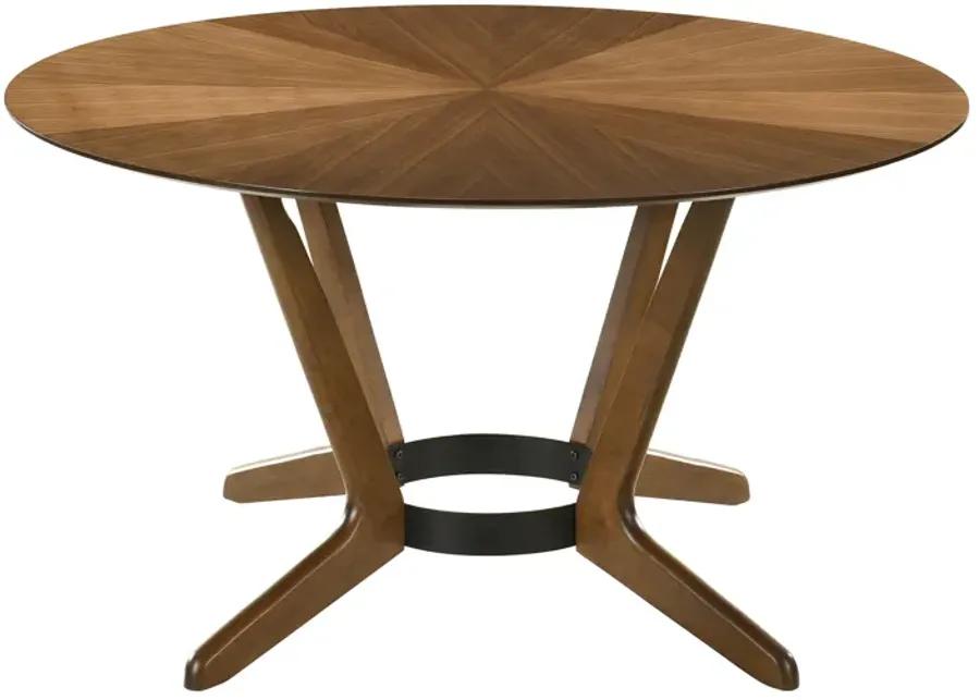 Santana 5 Piece Round Walnut Wood Dining Table Set with Blue Fabric