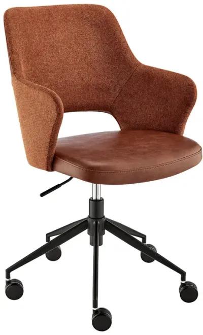 Darcie Office Chair in Dark Brown Leatherette, Orange Fabric and Black Base