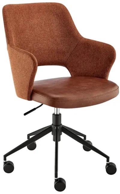 Darcie Office Chair in Dark Brown Leatherette, Orange Fabric and Black Base