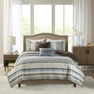 Madison Park Princeton Blue 5 Piece Jacquard Quilt Set with Throw Pillows