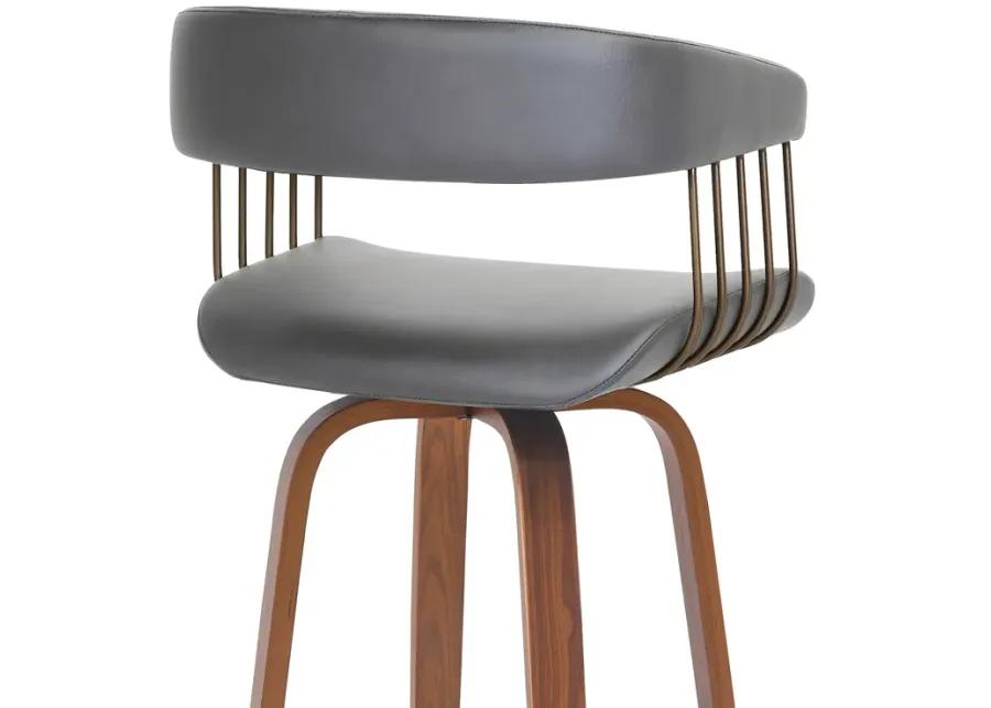 Topanga 30.5" Swivel Walnut Wood Bar Stool in Gray Faux Leather with Golden Bronze Metal