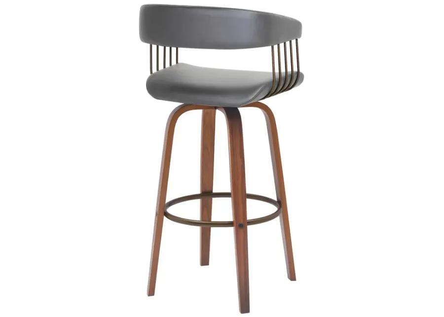 Topanga 30.5" Swivel Walnut Wood Bar Stool in Gray Faux Leather with Golden Bronze Metal