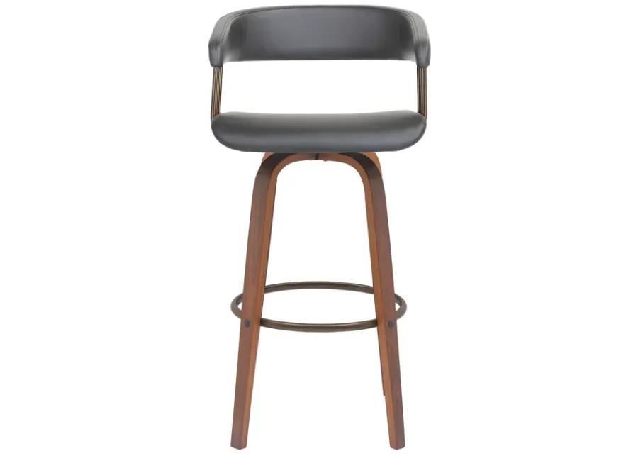 Topanga 30.5" Swivel Walnut Wood Bar Stool in Gray Faux Leather with Golden Bronze Metal