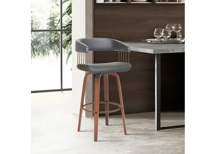 Topanga 30.5" Swivel Walnut Wood Bar Stool in Gray Faux Leather with Golden Bronze Metal