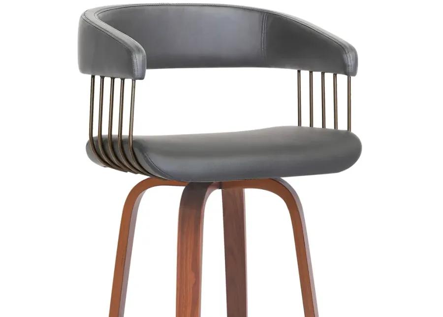 Topanga 30.5" Swivel Walnut Wood Bar Stool in Gray Faux Leather with Golden Bronze Metal