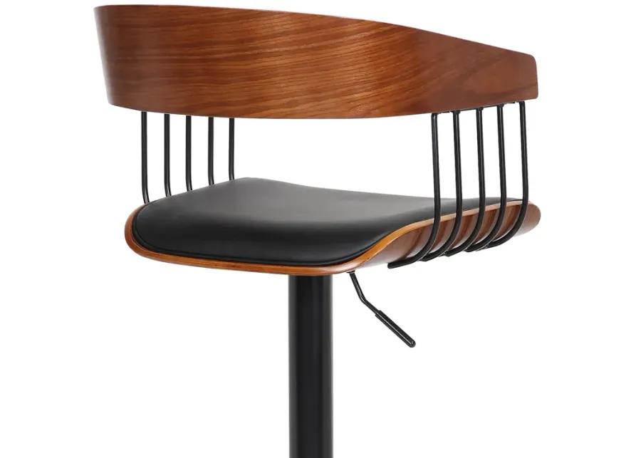 Larisa Adjustable Walnut Wood Bar Stool in Black Faux Leather with Black Metal