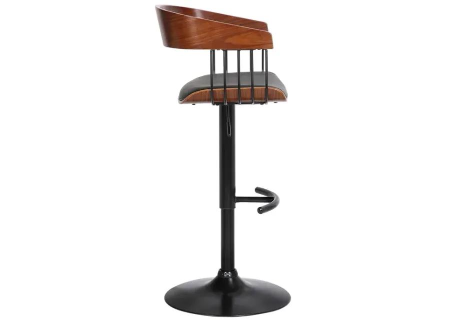 Larisa Adjustable Walnut Wood Bar Stool in Black Faux Leather with Black Metal