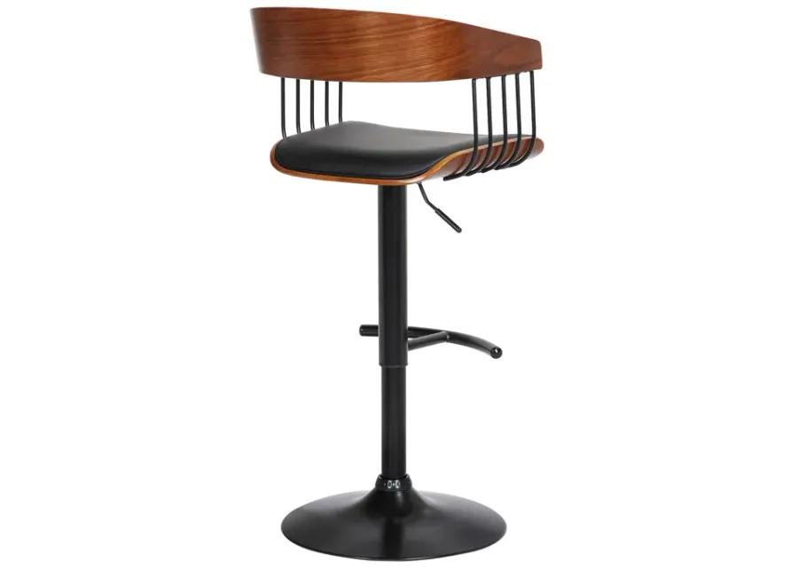 Larisa Adjustable Walnut Wood Bar Stool in Black Faux Leather with Black Metal