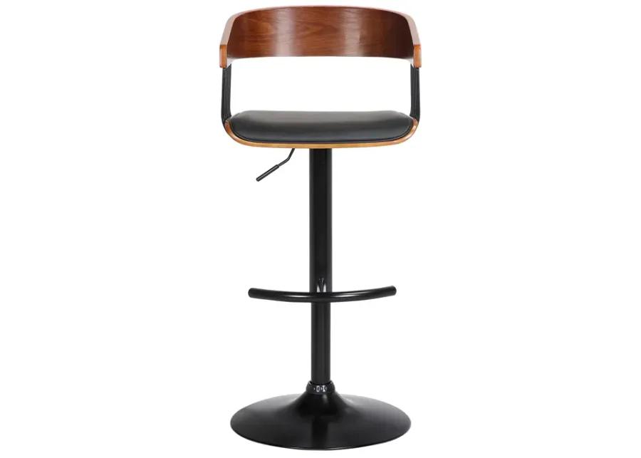 Larisa Adjustable Walnut Wood Bar Stool in Black Faux Leather with Black Metal