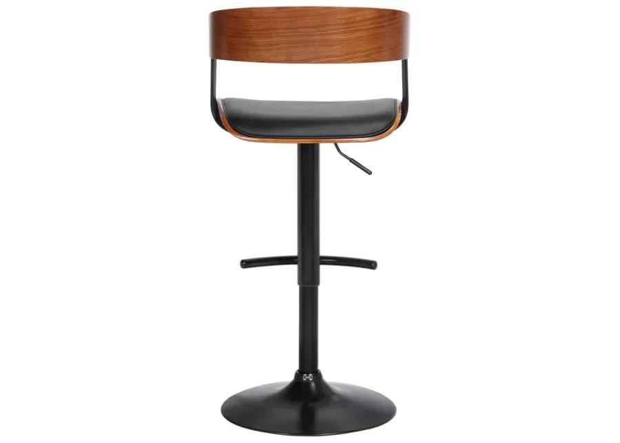 Larisa Adjustable Walnut Wood Bar Stool in Black Faux Leather with Black Metal