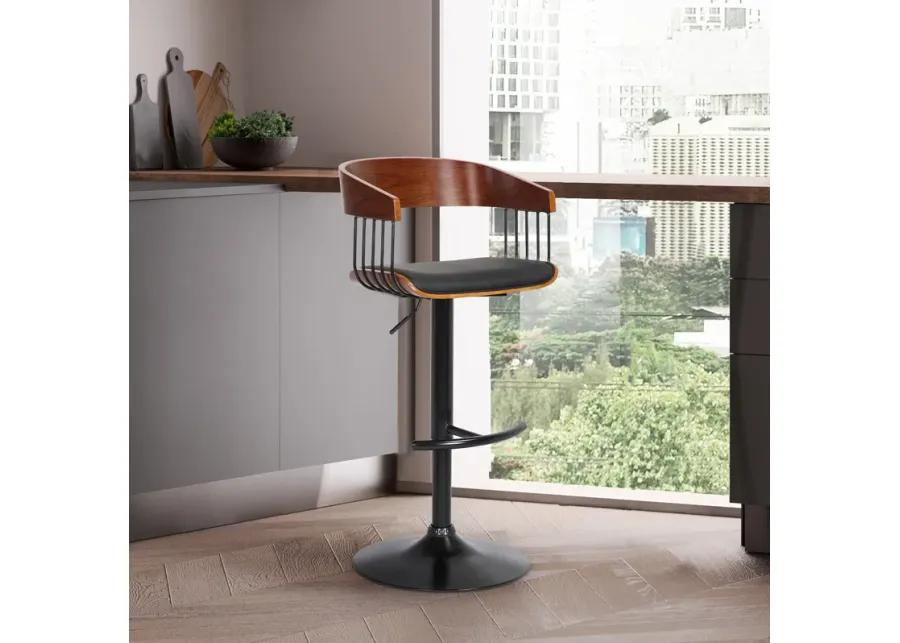 Larisa Adjustable Walnut Wood Bar Stool in Black Faux Leather with Black Metal