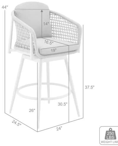 Rhodes Outdoor Patio Swivel Bar Stool in Aluminum with Light Gray Rope and Cushions