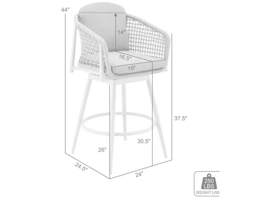 Rhodes Outdoor Patio Swivel Bar Stool in Aluminum with Light Gray Rope and Cushions