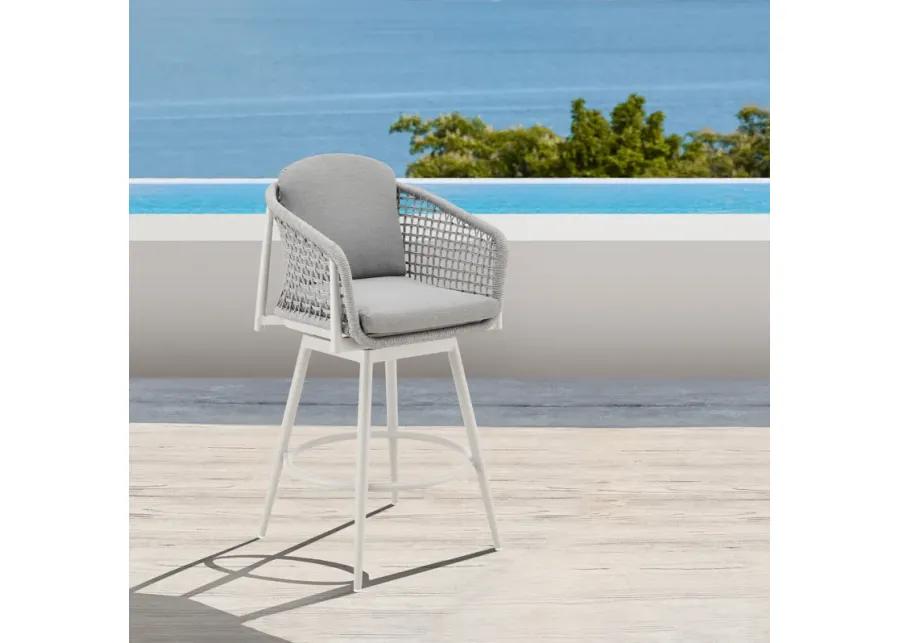 Rhodes Outdoor Patio Swivel Bar Stool in Aluminum with Light Gray Rope and Cushions