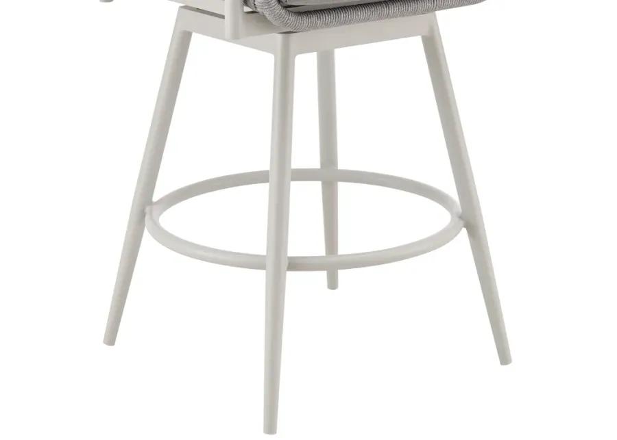 Rhodes Outdoor Patio Swivel Bar Stool in Aluminum with Light Gray Rope and Cushions