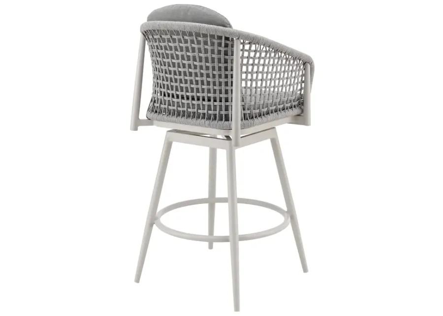 Rhodes Outdoor Patio Swivel Bar Stool in Aluminum with Light Gray Rope and Cushions