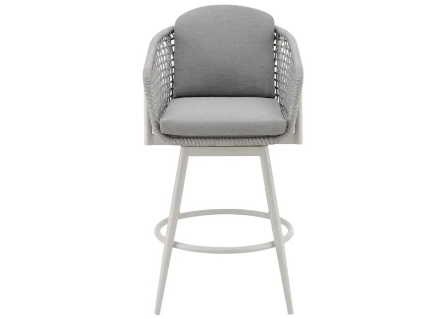 Rhodes Outdoor Patio Swivel Bar Stool in Aluminum with Light Gray Rope and Cushions