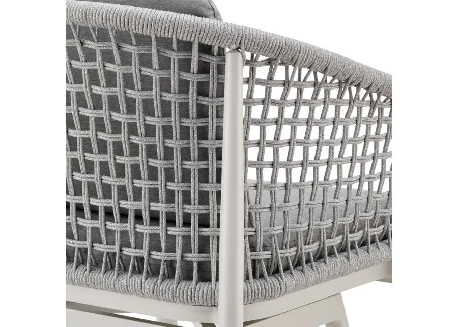 Rhodes Outdoor Patio Swivel Bar Stool in Aluminum with Light Gray Rope and Cushions