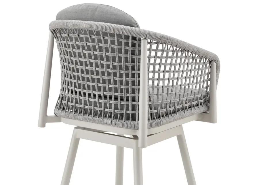 Rhodes Outdoor Patio Swivel Bar Stool in Aluminum with Light Gray Rope and Cushions