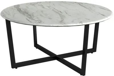 Llona 36" Round Coffee Table in White Marble Melamine with Matte Black Base