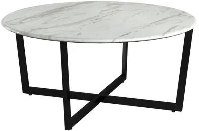 Llona 36" Round Coffee Table in White Marble Melamine with Matte Black Base