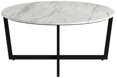 Llona 36" Round Coffee Table in White Marble Melamine with Matte Black Base