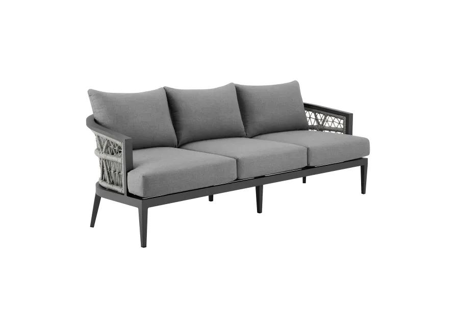 Zella Outdoor Patio Sofa in Aluminum with Light Gray Rope and Earl Gray Cushions