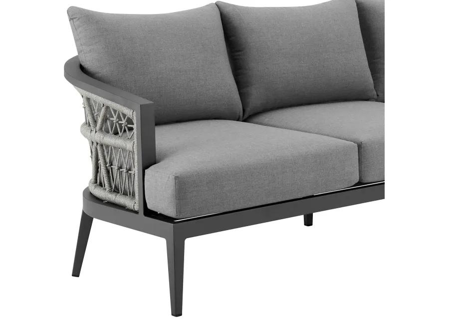 Zella Outdoor Patio Sofa in Aluminum with Light Gray Rope and Earl Gray Cushions