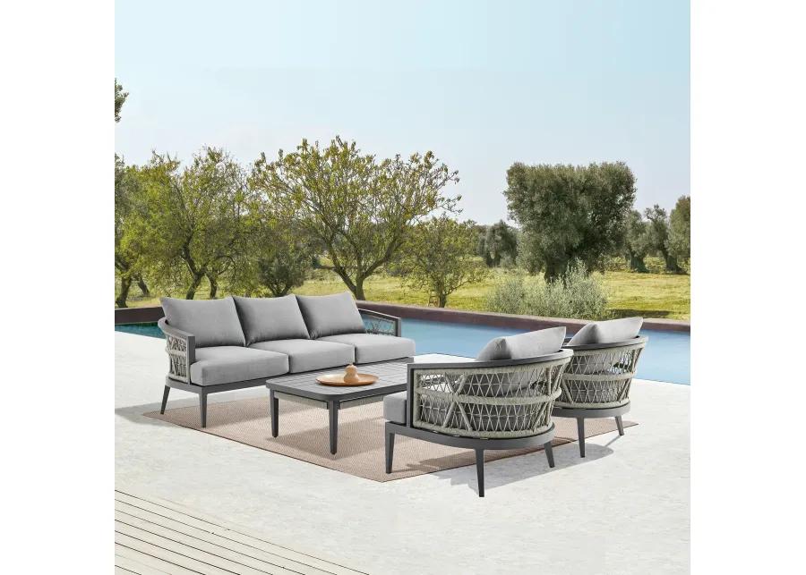 Zella Outdoor Patio Sofa in Aluminum with Light Gray Rope and Earl Gray Cushions