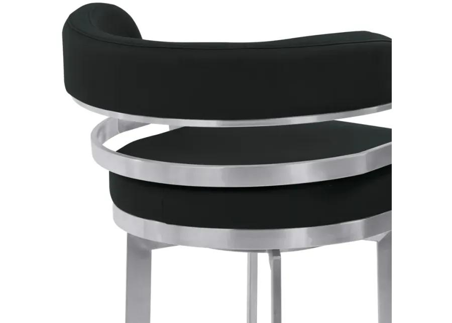 Prinz 30" Bar Height Swivel Black Faux Leather and Brushed Stainless Steel Bar Stool